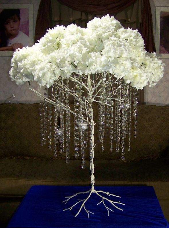 Metal tree with hanging crystals, hydrangeas and litesSold! — The Knot