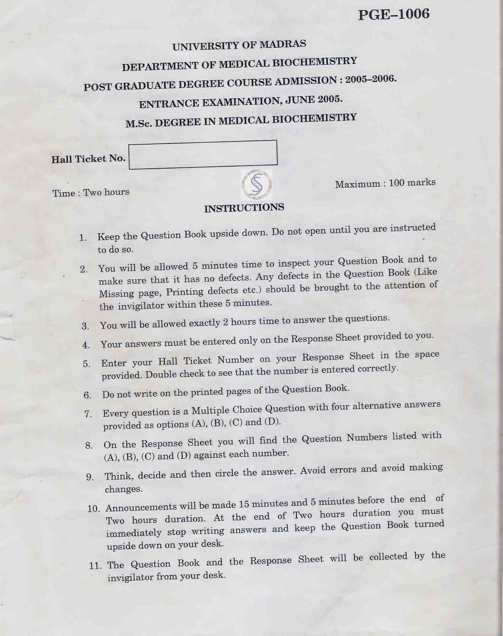 MADRAS UNIVERSITY ENTRANCE EXAM QUESTION PAPERS
