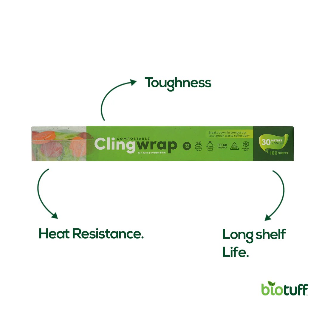 Biodegradable and Compostable Cling Wrap 100 perforated Sheets x 30 Biotuff