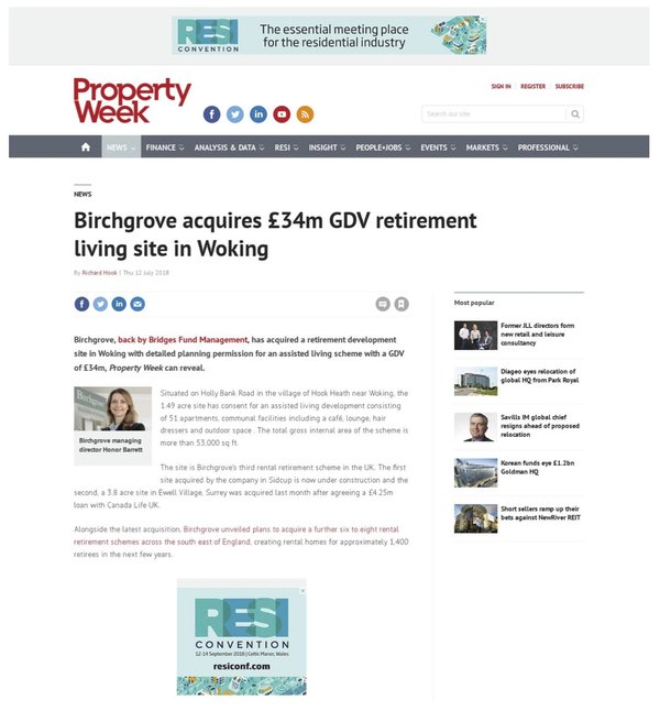 Birchgrove acquires £34m GDV retirement living site in Woking
