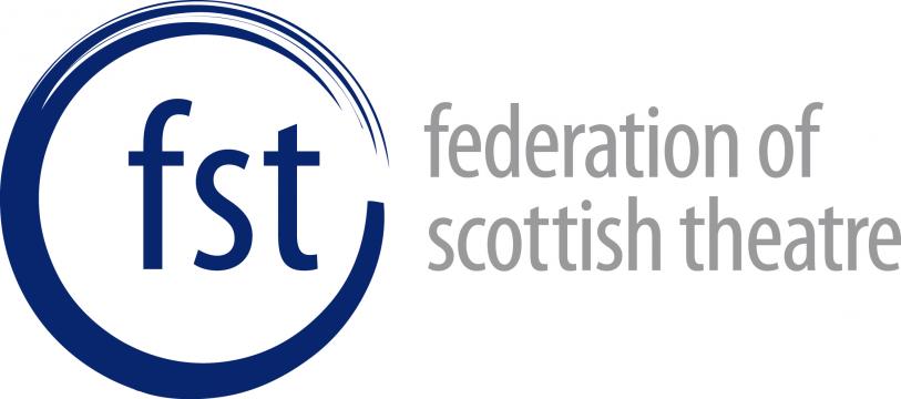 Federation of Scottish Theatre logo: blue lowercase letters of fst inside a blue swoosh type circle, next to the full title of the company in grey letters