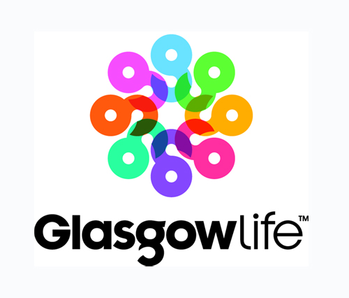 A multicoloured circle, made up of different coloured rings. Below is the text - Glasgow Life