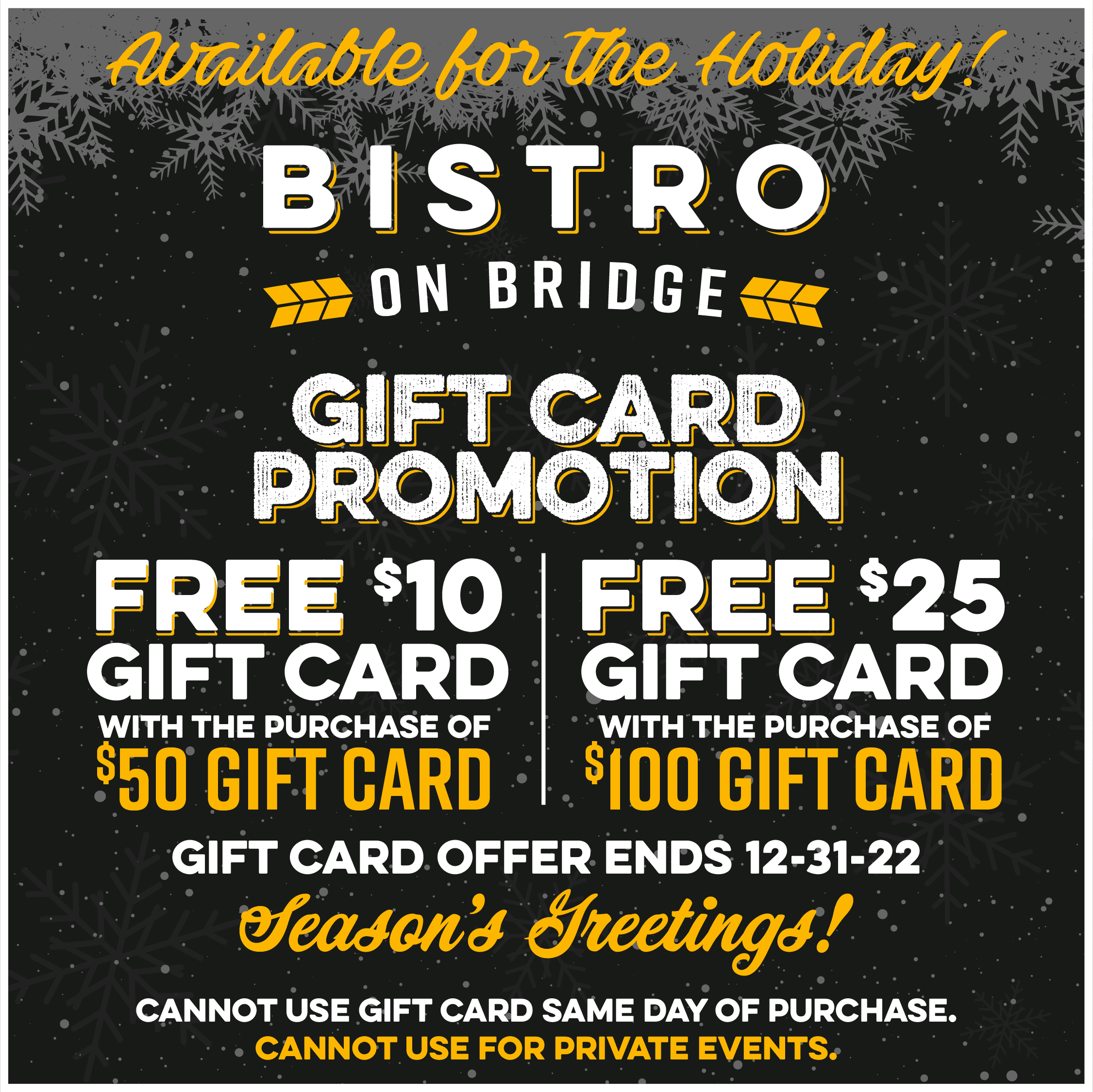 Gift Card Promo Bistro on Bridge Restaurant & Beer Garden
