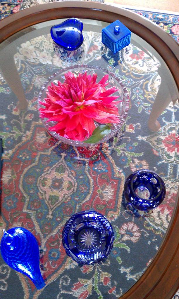 BLUE GLASS TABLES. GLASS TABLES ANTIQUE CARVED TABLE