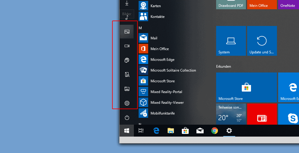 Sidebar im Windows 10 Startmenü konfigurieren