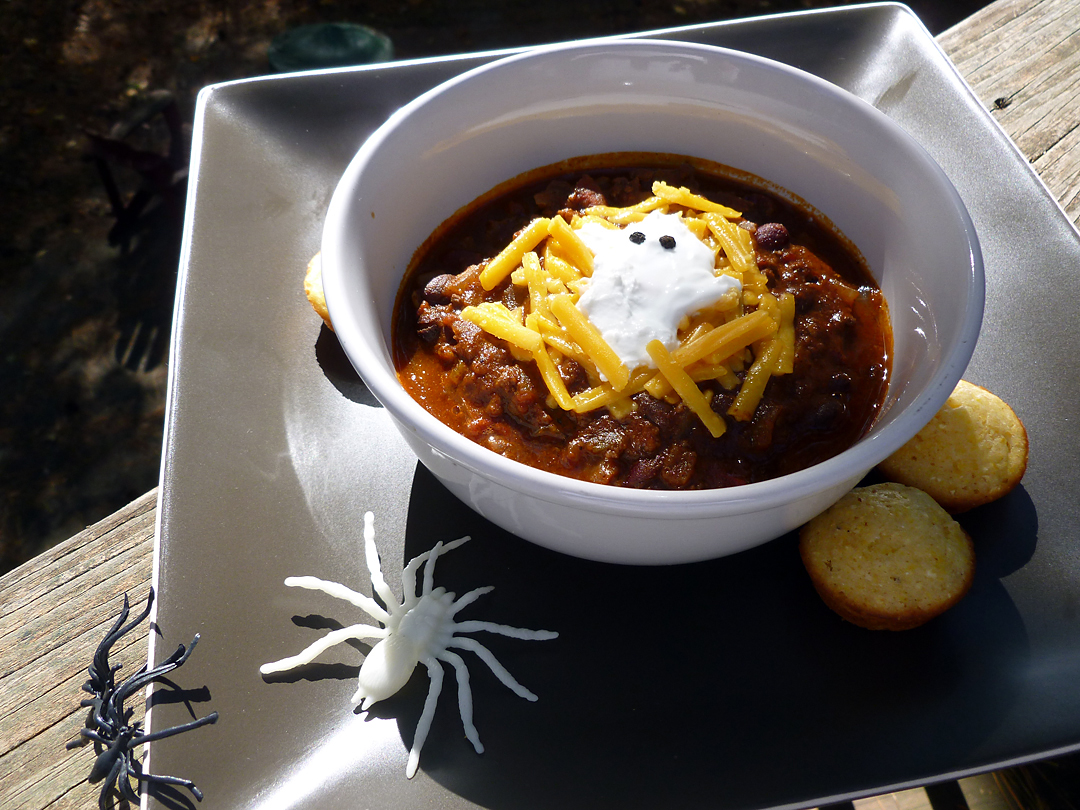 Spooktacular Beef and Italian Sausage Chili bits and breadcrumbs