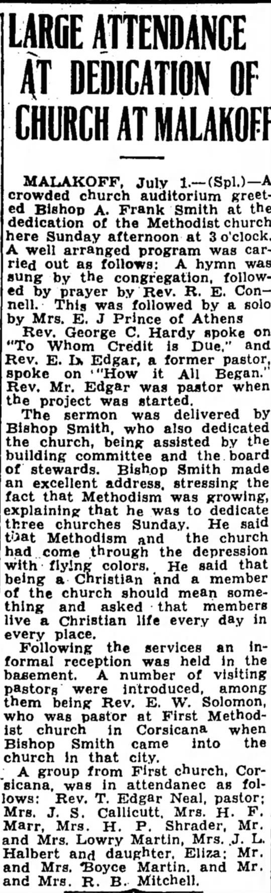 Large Attendance at Dedication of Church at Malakoff bitsfrombritt