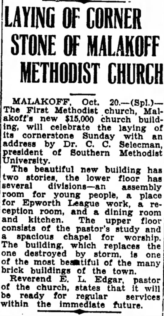 Laying of Corner Stone of Malakoff Methodist Church bitsfrombritt