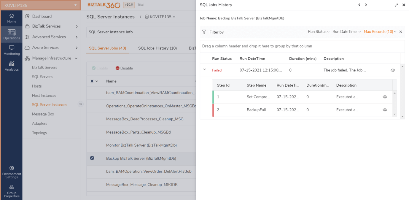 SQL Jobs History Feature in BizTalk360 v10.0 BizTalk360