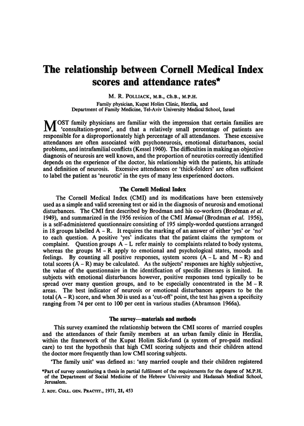 The relationship between Cornell Medical Index scores and attendance