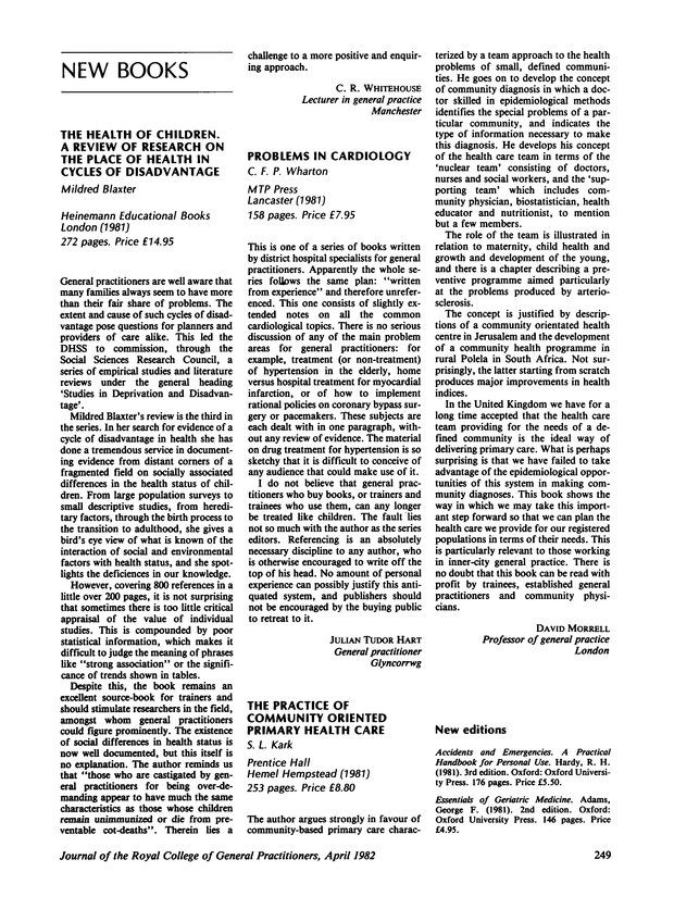 THE HEALTH OF CHILDREN. A REVIEW OF RESEARCH ON THE PLACE OF HEALTH IN