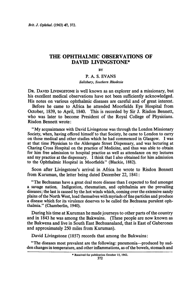 THE OPHTHALMIC OBSERVATIONS OF DAVID LIVINGSTONE British Journal of Ophthalmology