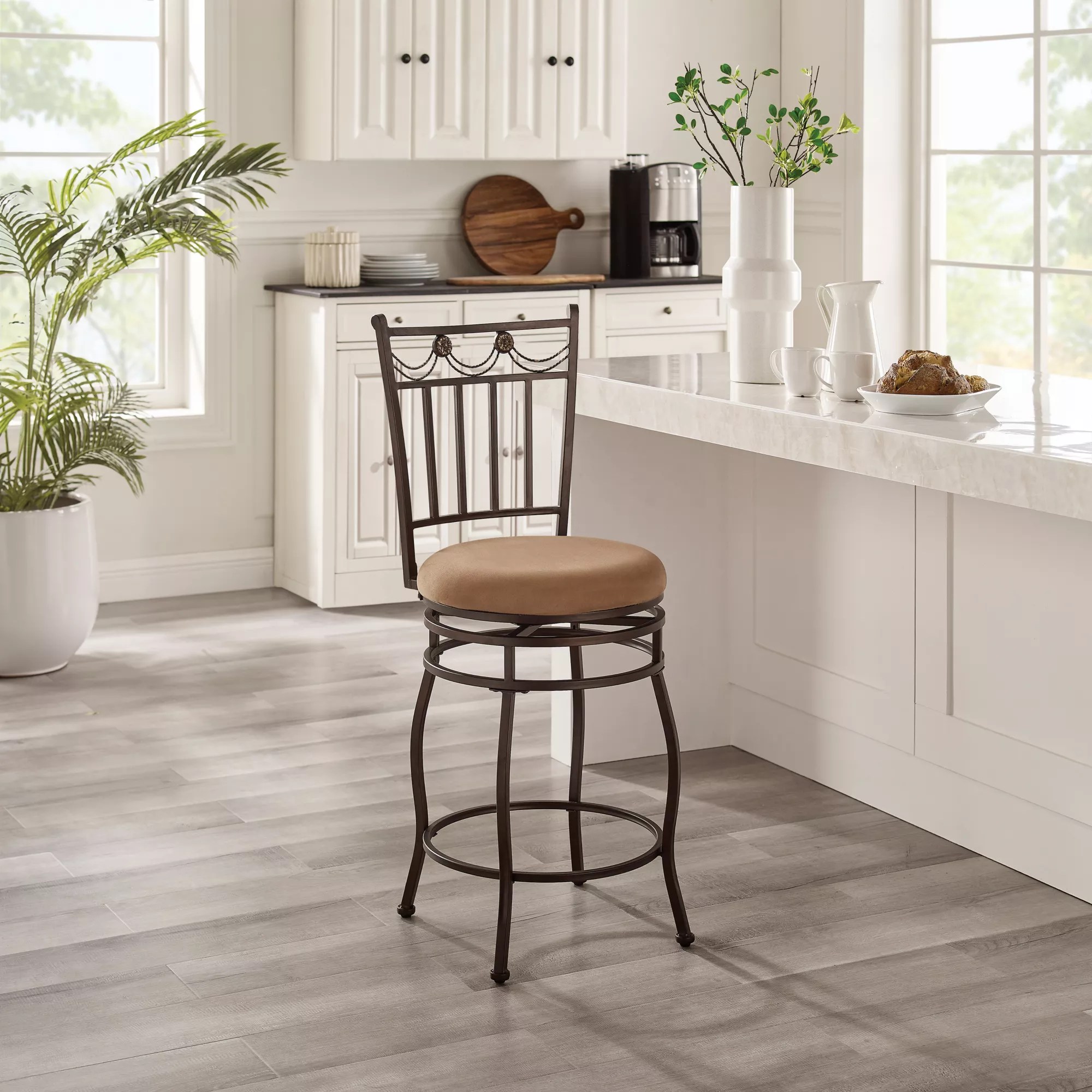 Linon Counter Stool White Nail head trim and accent stitching adds a