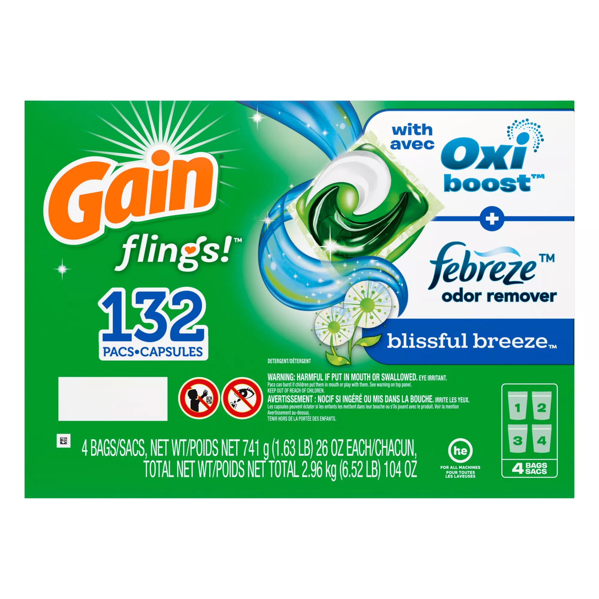 Gain Flings Blissful Breeze Liquid Laundry Detergent Pacs, 132 ct. BJ