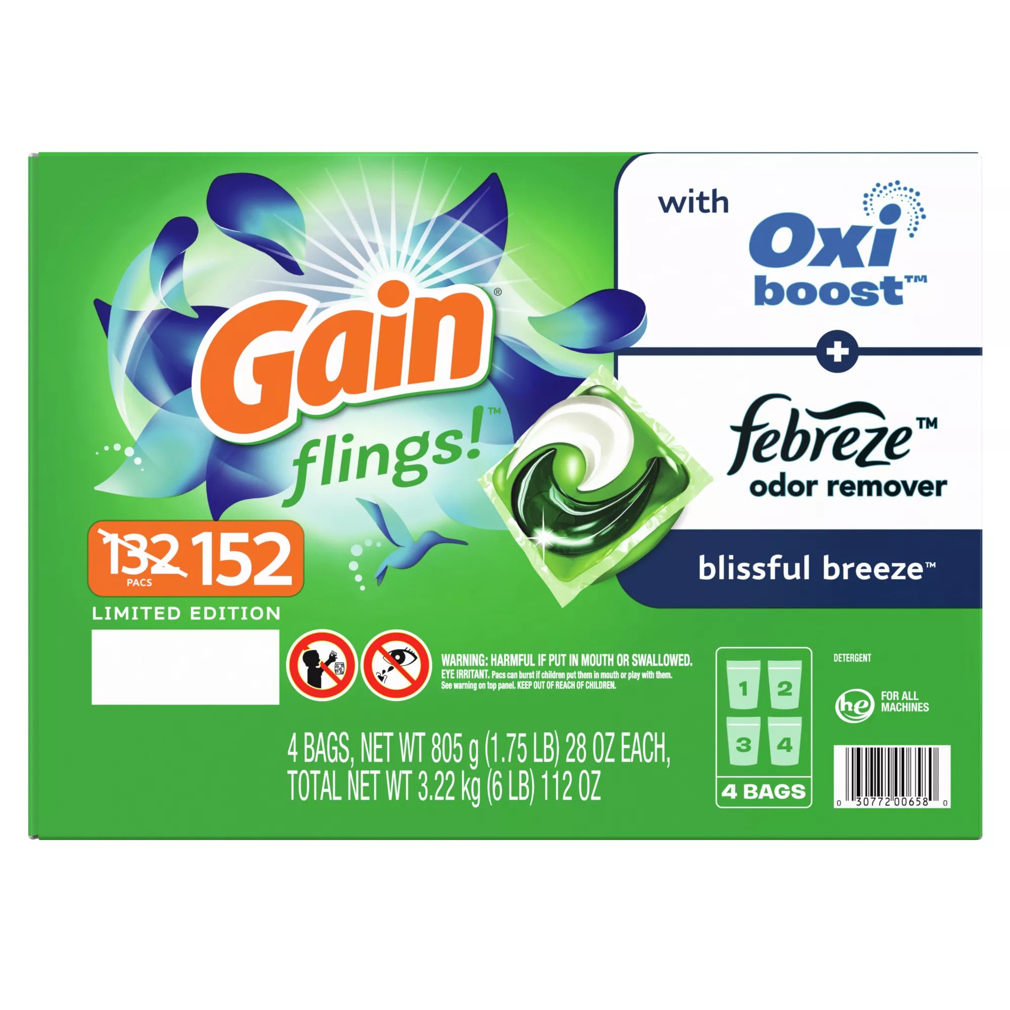 Gain Flings Liquid Laundry Detergent, Blissful Breeze Scent, 152 ct