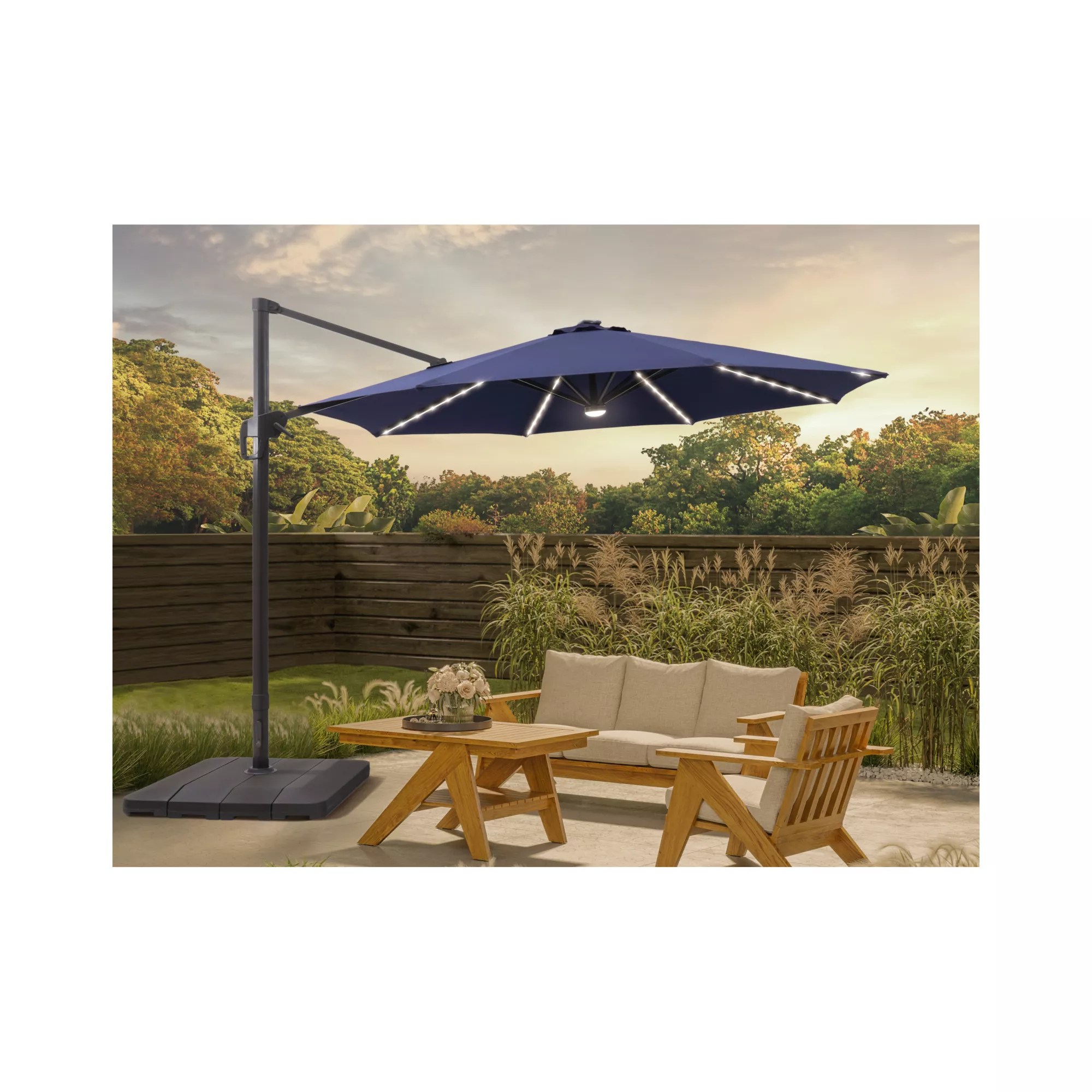 Berkley Jensen 11' Aluminum Offset Umbrella with Solar LEDs and Stand