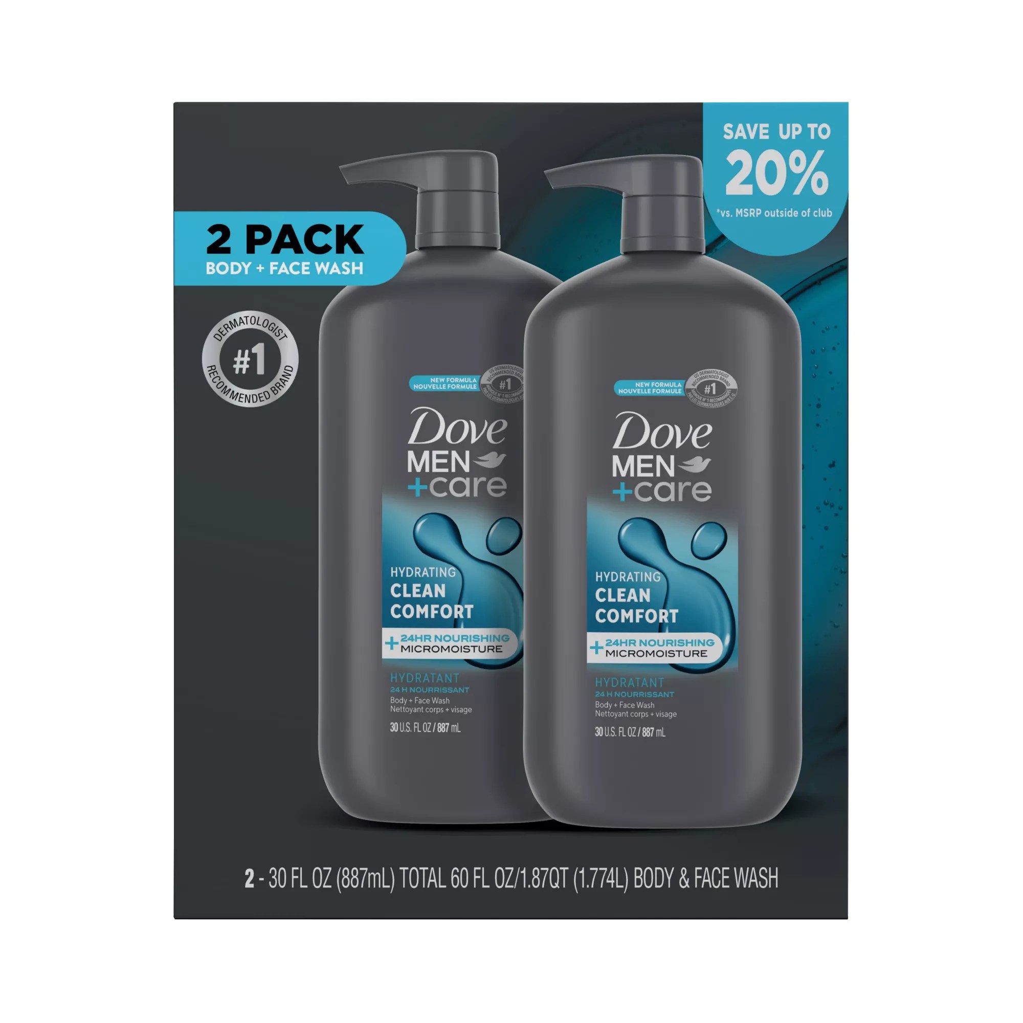 Dove Men+Care Clean Comfort Body & Face Wash, 2 pk./30 oz. BJ's Wholesale Club