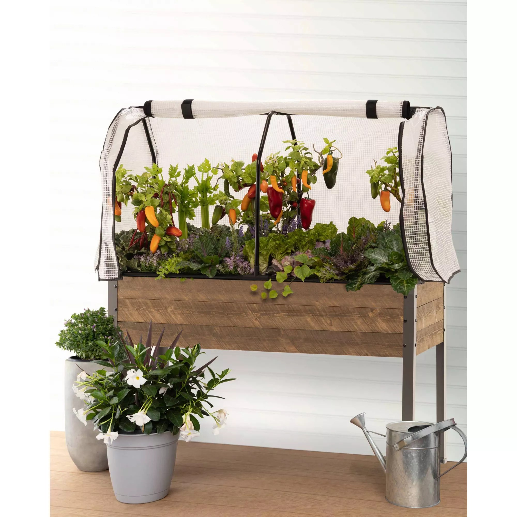 CedarCraft Elevated Spruce Planter with Greenhouse & Bug Covers, Brown