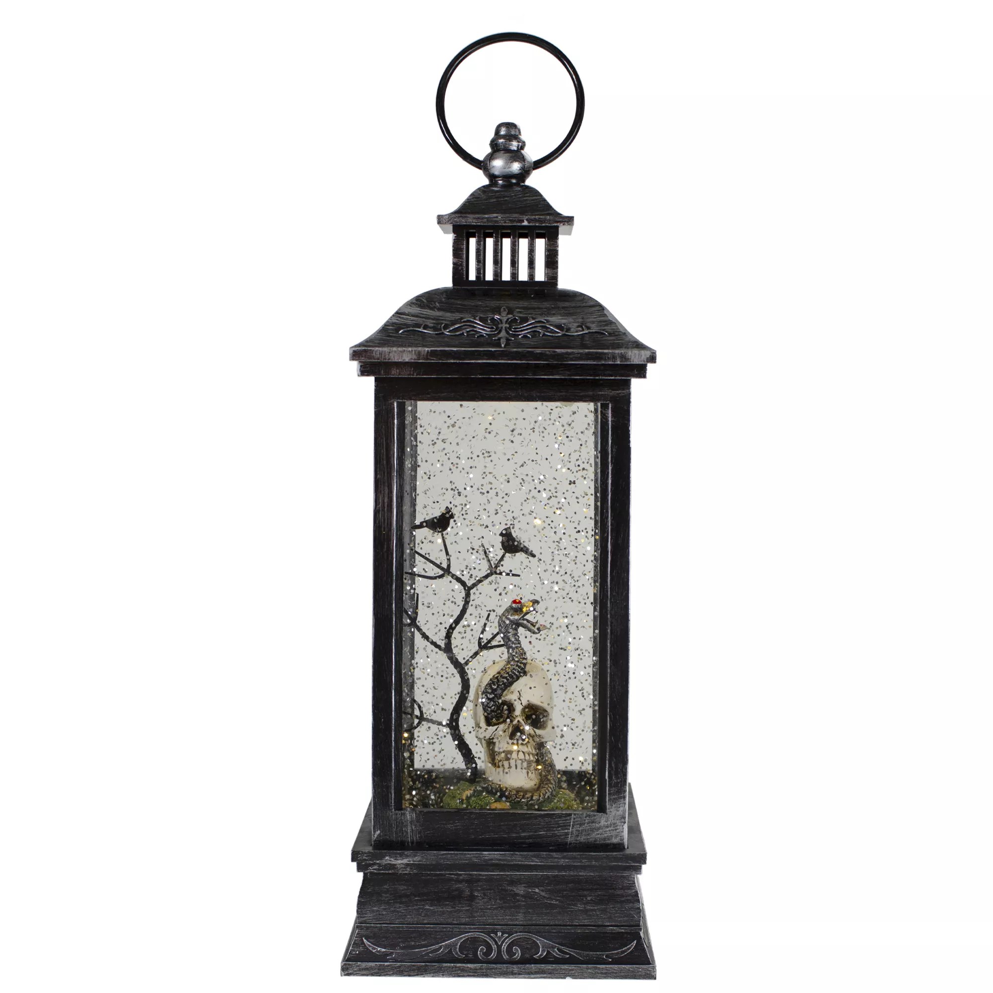 Northlight 11" Black and Brushed Silver LED Skull Halloween Snow Globe