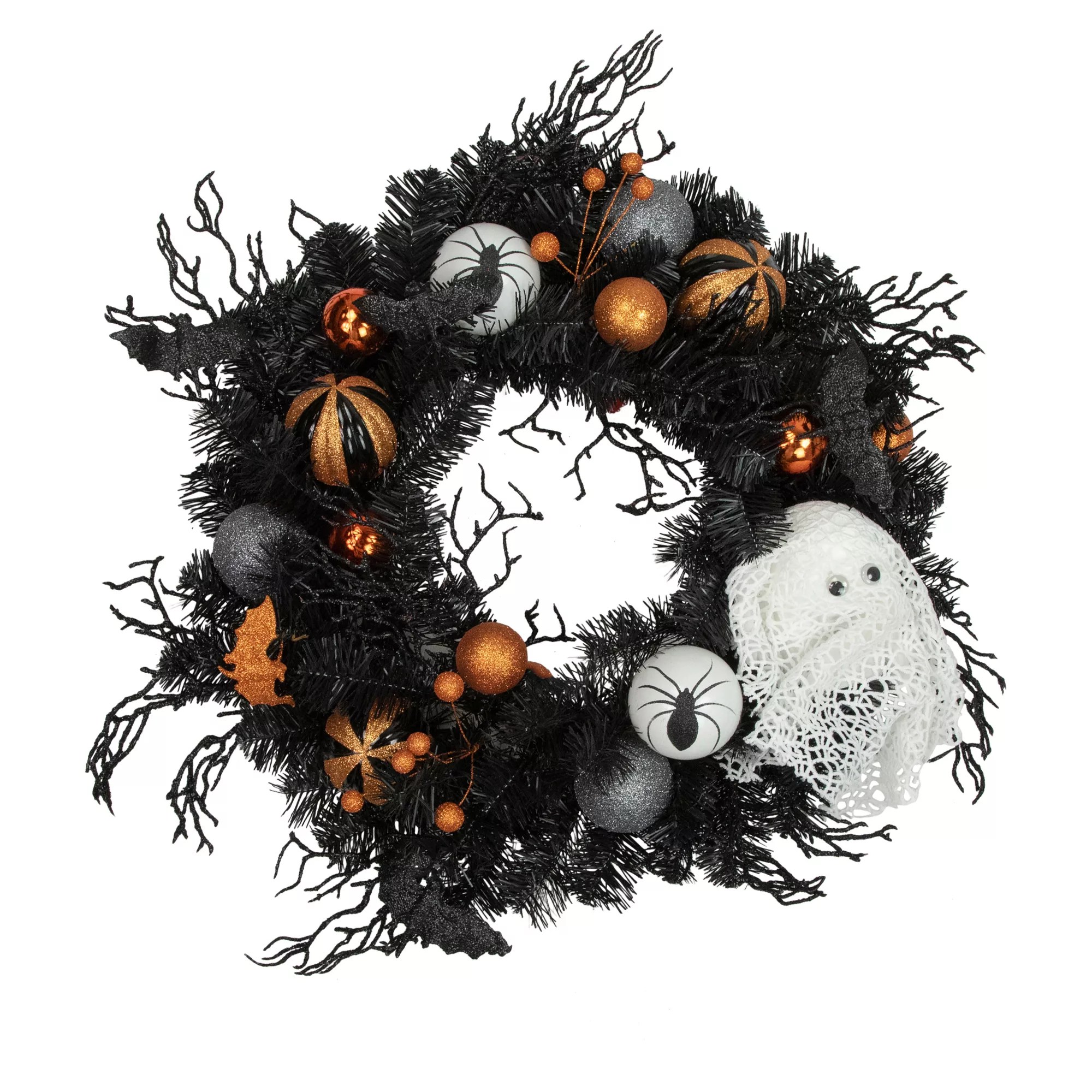 Northlight 24" Orange Ornaments and Ghost Halloween Pine Wreath BJs