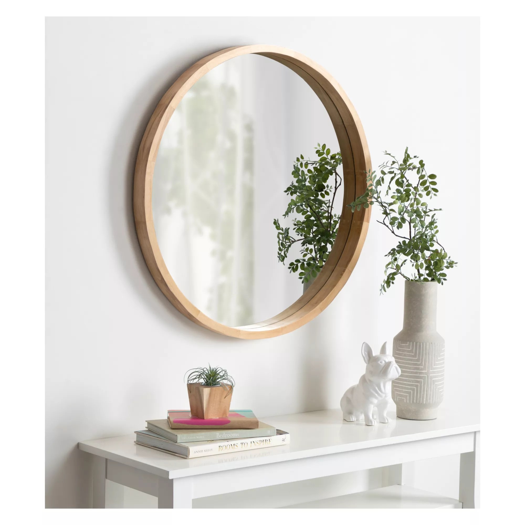 Kate and Laurel Hutton Round Decorative Large Modern Wood Frame Wall Mirror, Natural Finish BJ