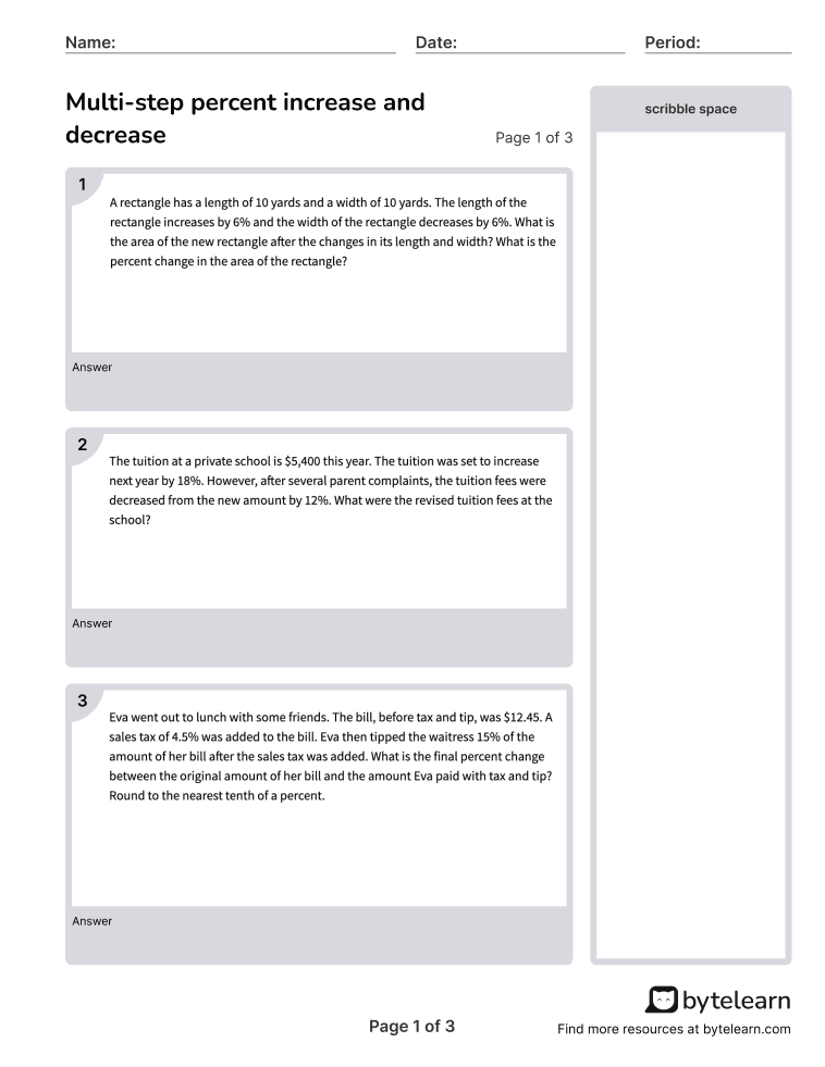 MultiStep Percent Change (Level 2 Word Problems) Worksheets [PDF] (7.EE.A.2) 7th Grade Math