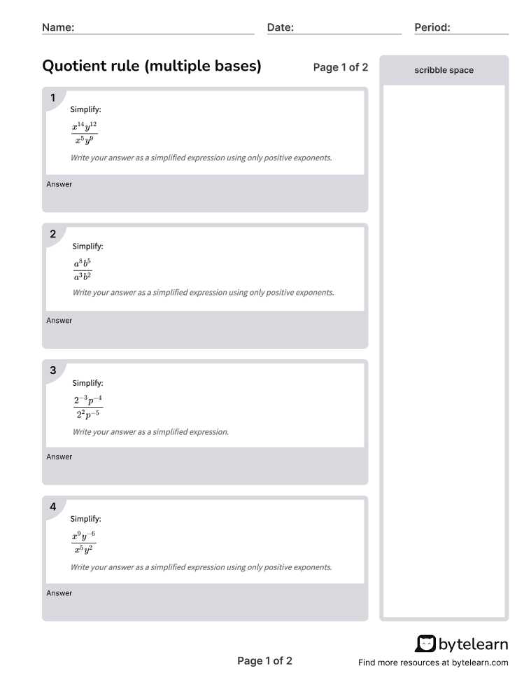 Quotient Rule (Multiple Bases) Worksheets [PDF] (7.G.B.5): 8th Grade Math