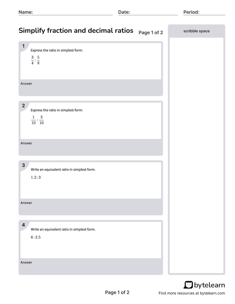 Simplify Fraction And Decimal Ratios Worksheets [PDF] (6.RP.A.1) 6th
