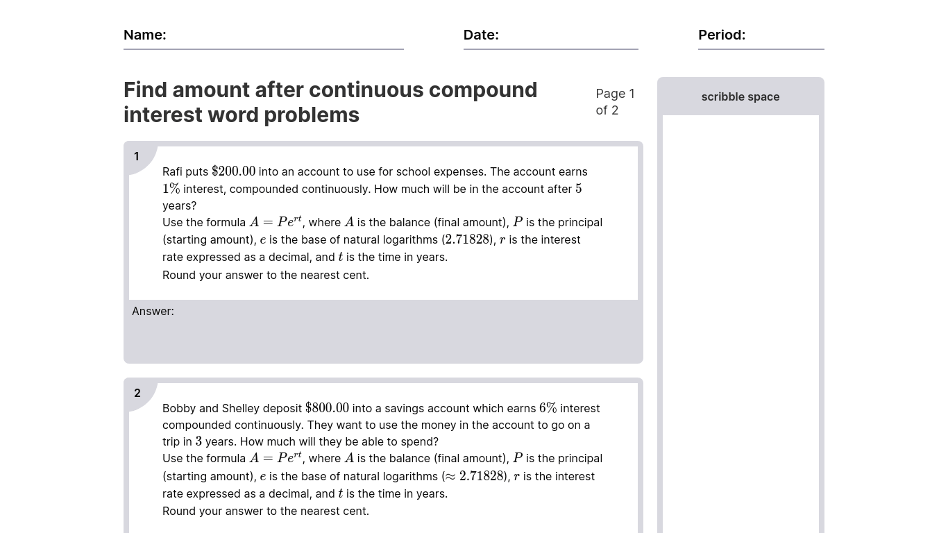 Find Amount After Continuous Compound Interest Word Problems Worksheets