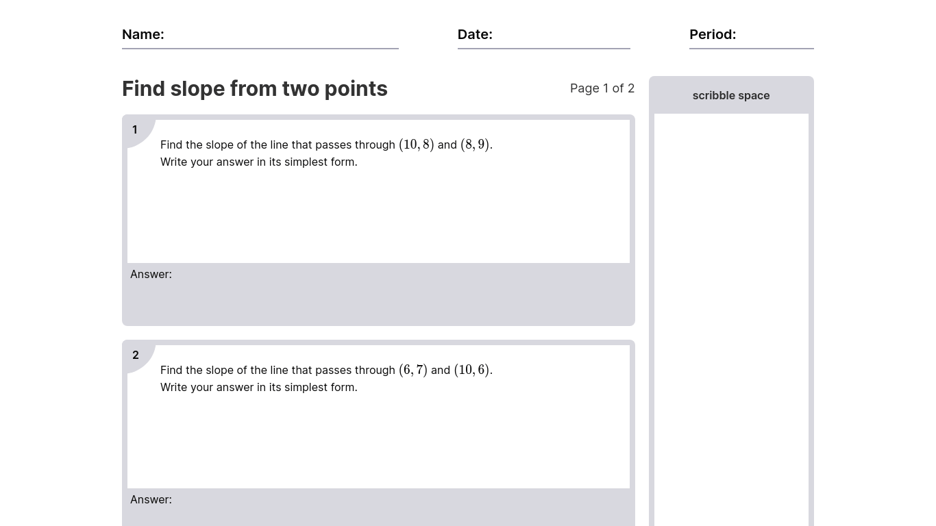 Find Slope From Two Points Worksheets [PDF]: Algebra 1 Math