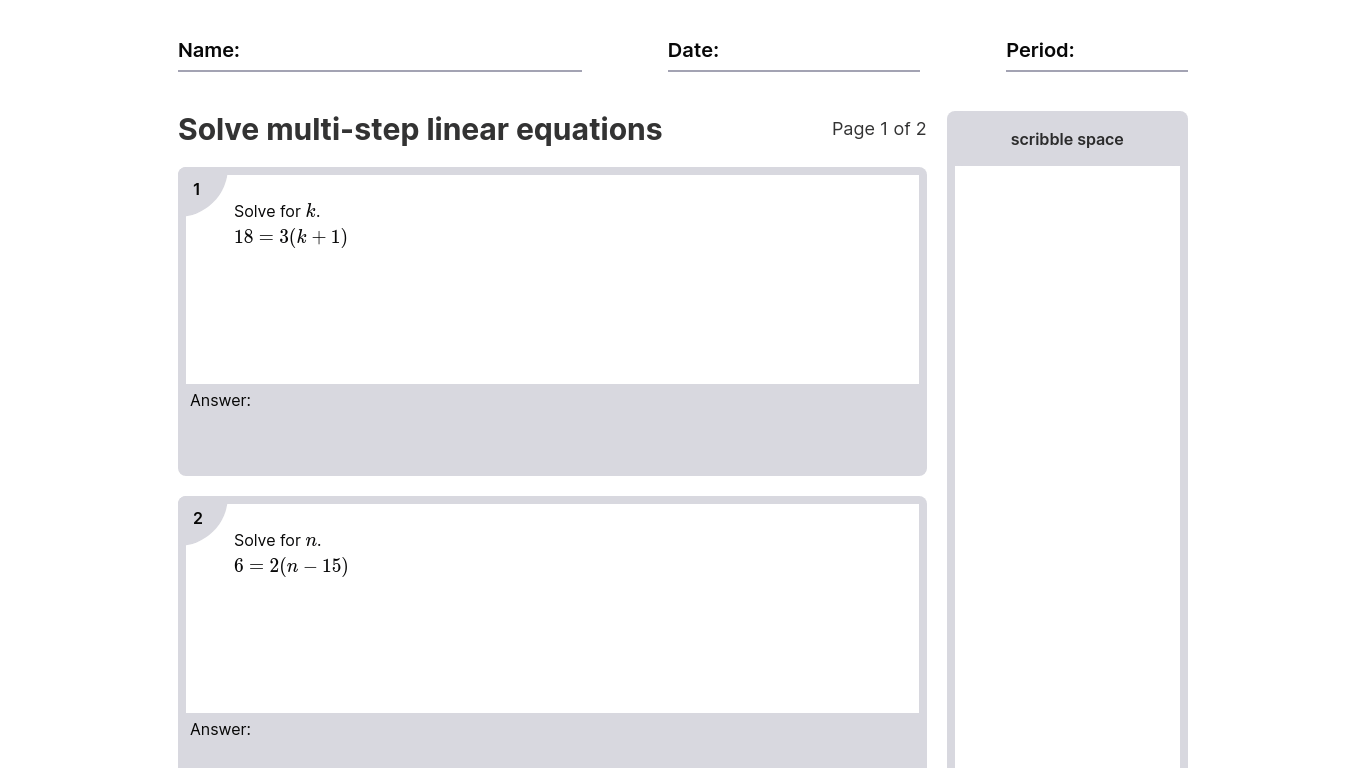Solve Multi-Step Linear Equations Worksheets [PDF]: Algebra 1 Math