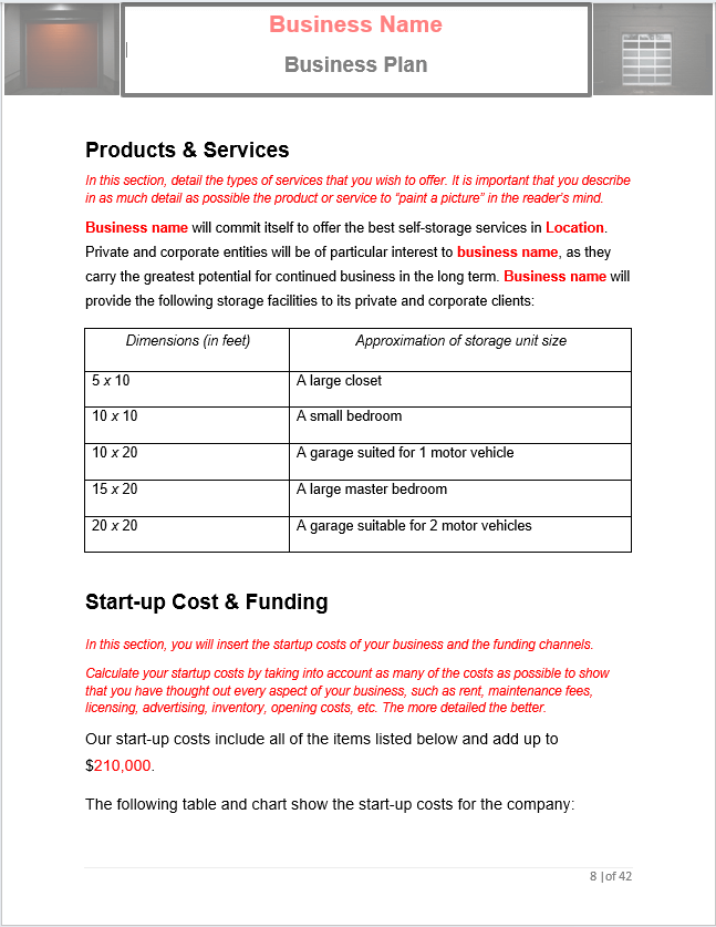 SelfStorage Business Plan Template Sample Pages Black Box Business Plans