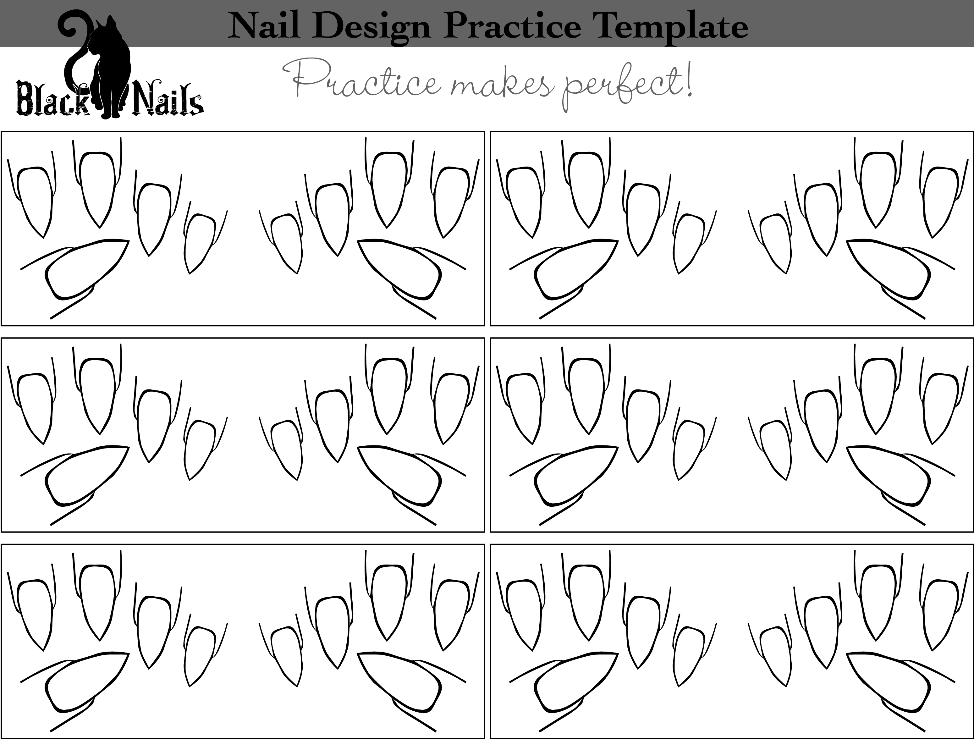 Nail Art Design Practice Sheet Full Hand Versions Black Cat Nails