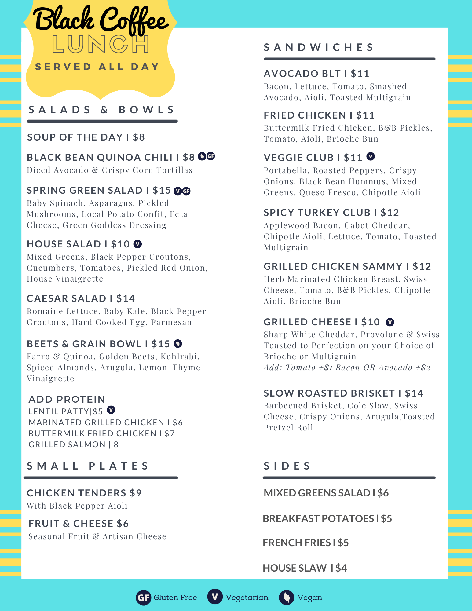 All Day Lunch Menu Black Coffee