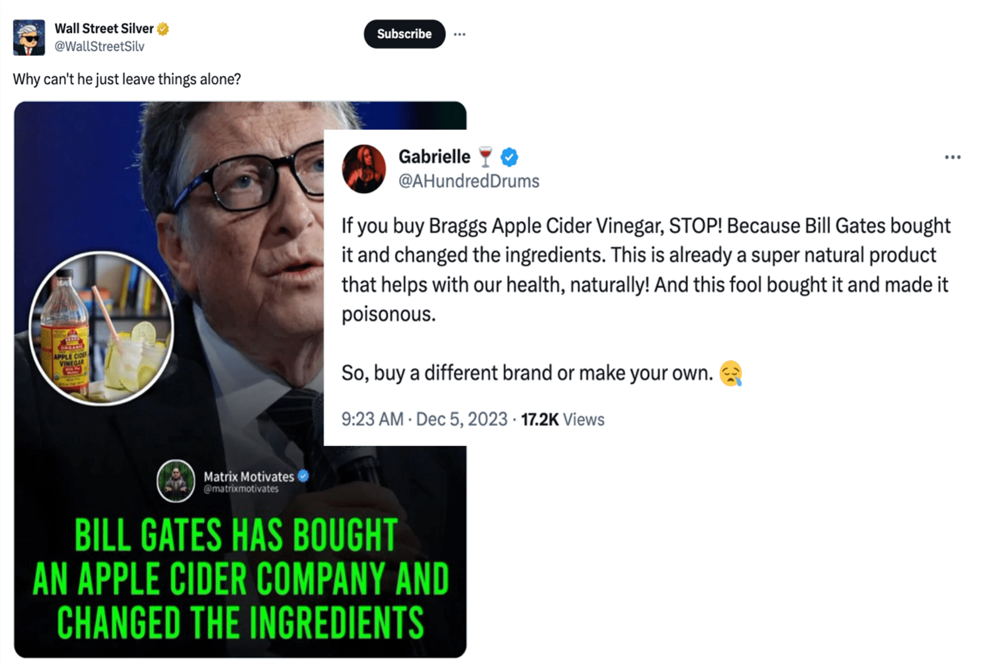 Has Bill Gates bought Bragg Apple Cider Vinegar and changed its