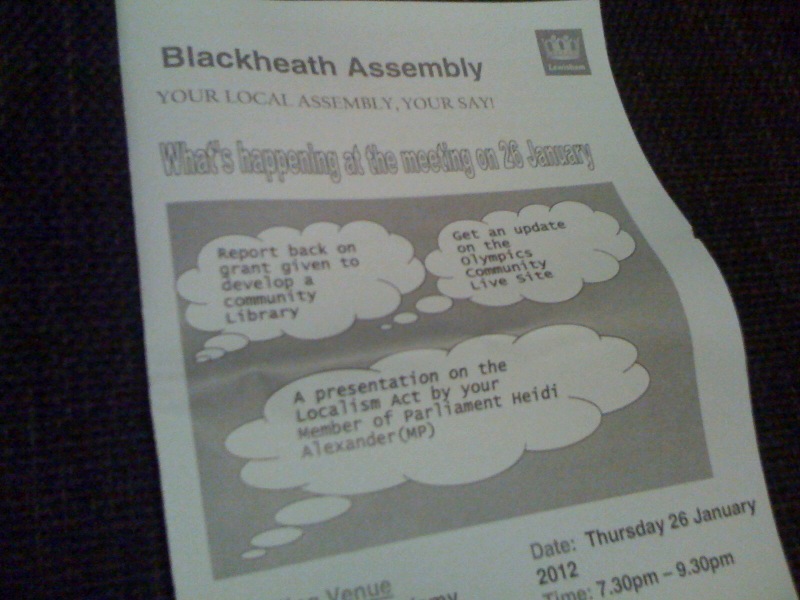 Blackheath Assembly tomorrow, and Parking for the Olympics The