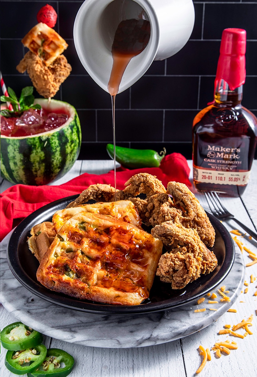 Chicken & Jalapeño Cheddar Waffles With Watermelon Bourbon Syrup
