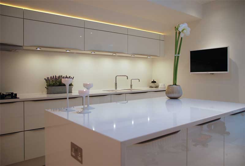 High Gloss White kitchen with White Quartz worktops, Haywards Heath
