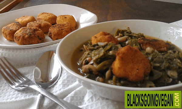 greens, black eyed peas, and hot water vegan cornbread