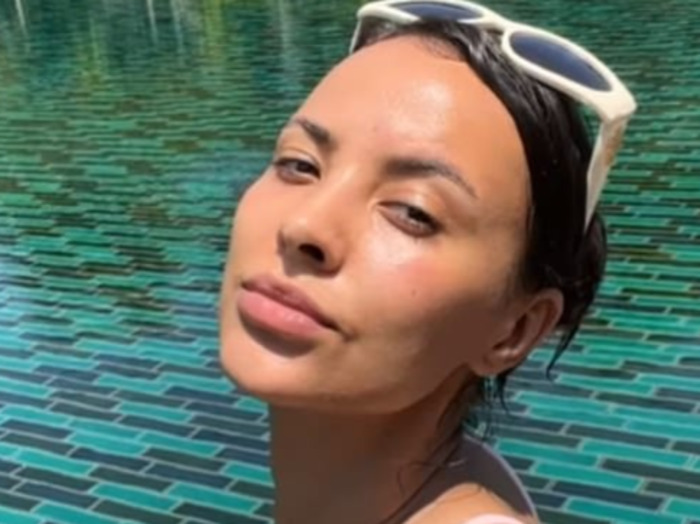 Maya Jama Has Nip Slip in Her Tiny Pink Bikini While In a Pool During a