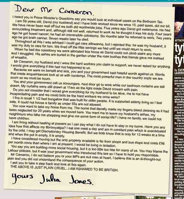Bedroom tax The heartwrenching letter from a widow that shames David