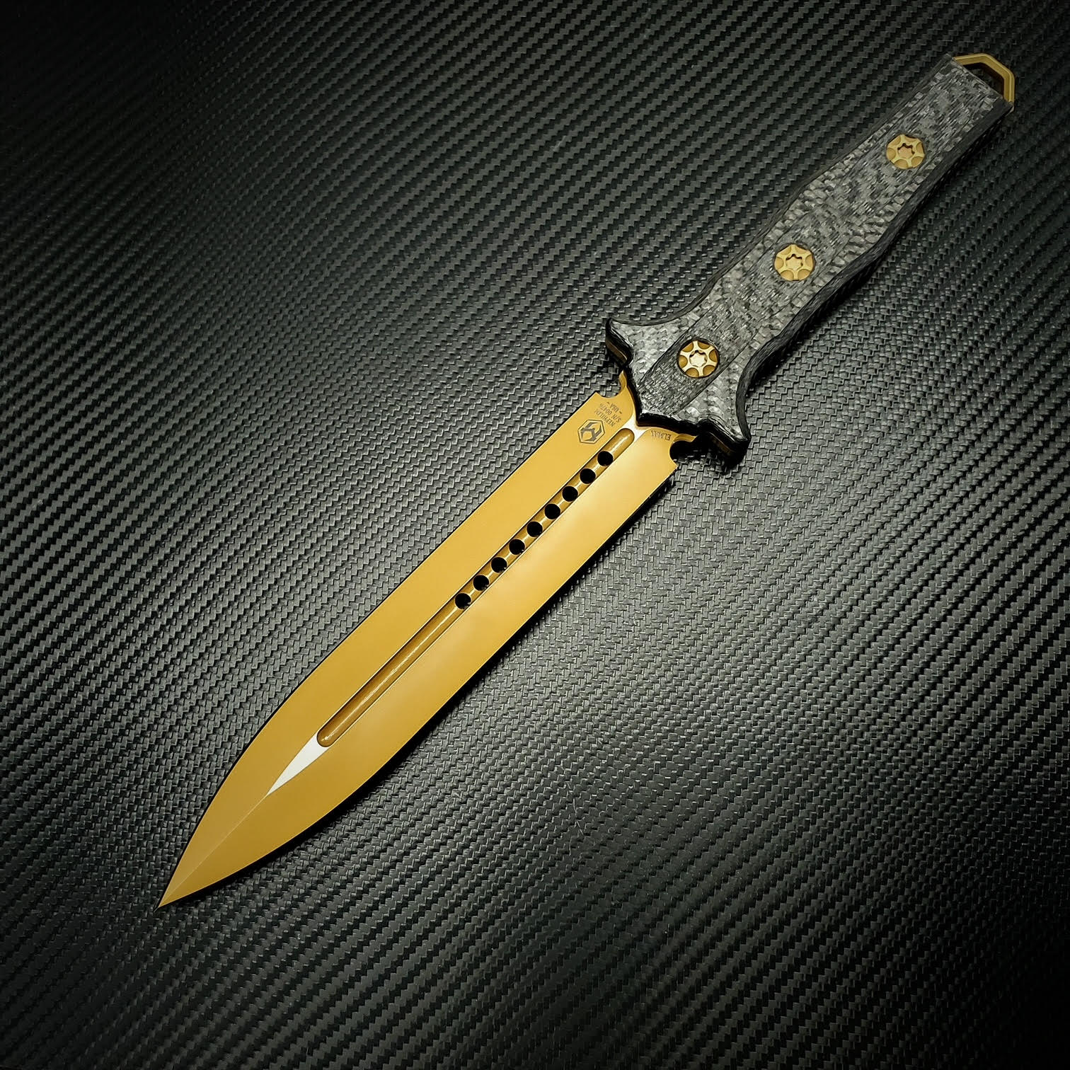 Heretic Knives Nephilim TiNitride Double Edge Fixed Blade Elmax Steel Blade Carbon Fiber Handle