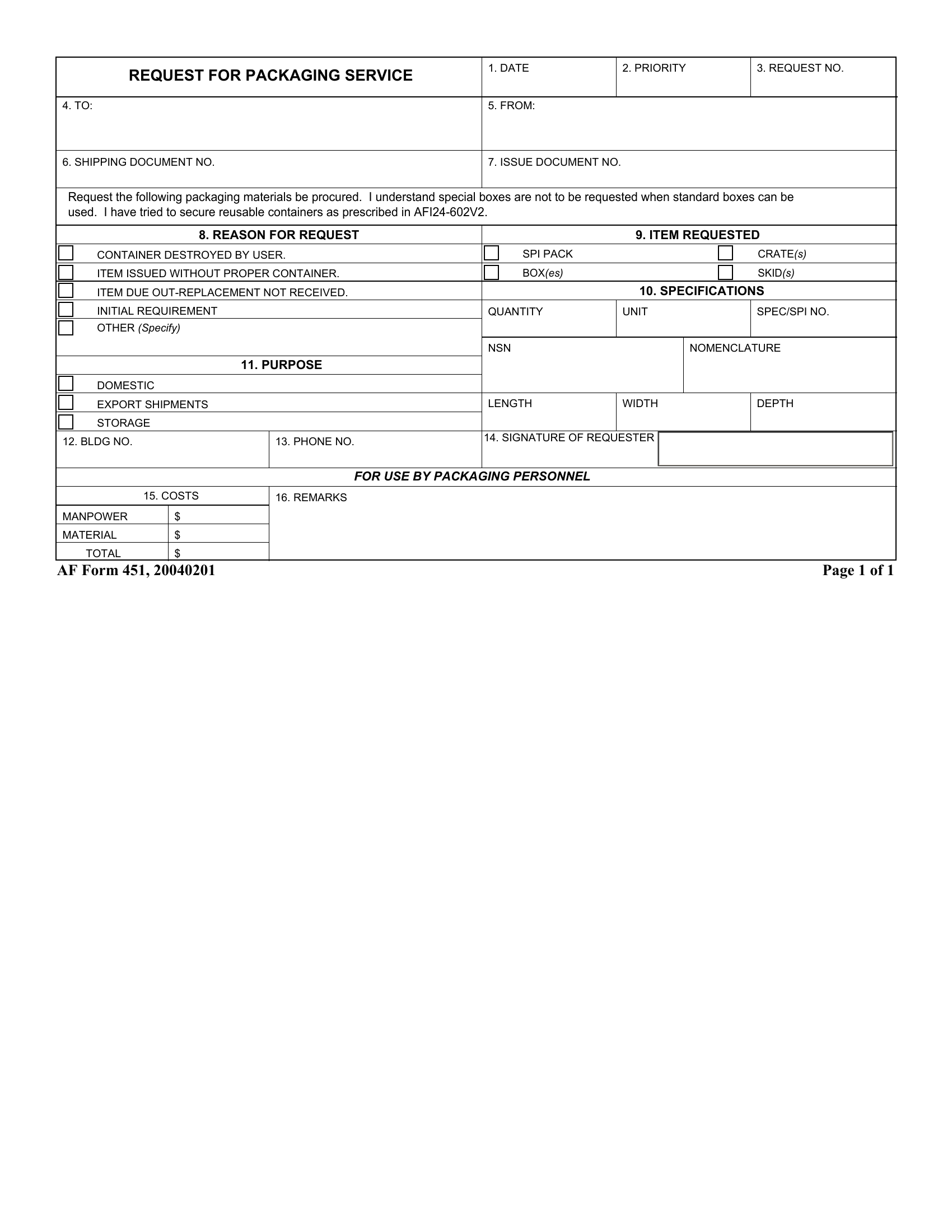 AF Form 451 - Request for Packaging Service | Forms - Docs - 2023
