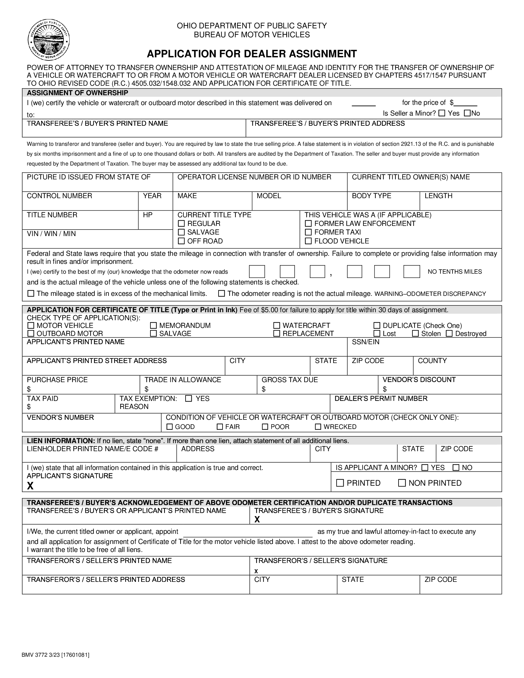 Form BMV 3772. Application for Dealer Assignment Forms Docs 2023