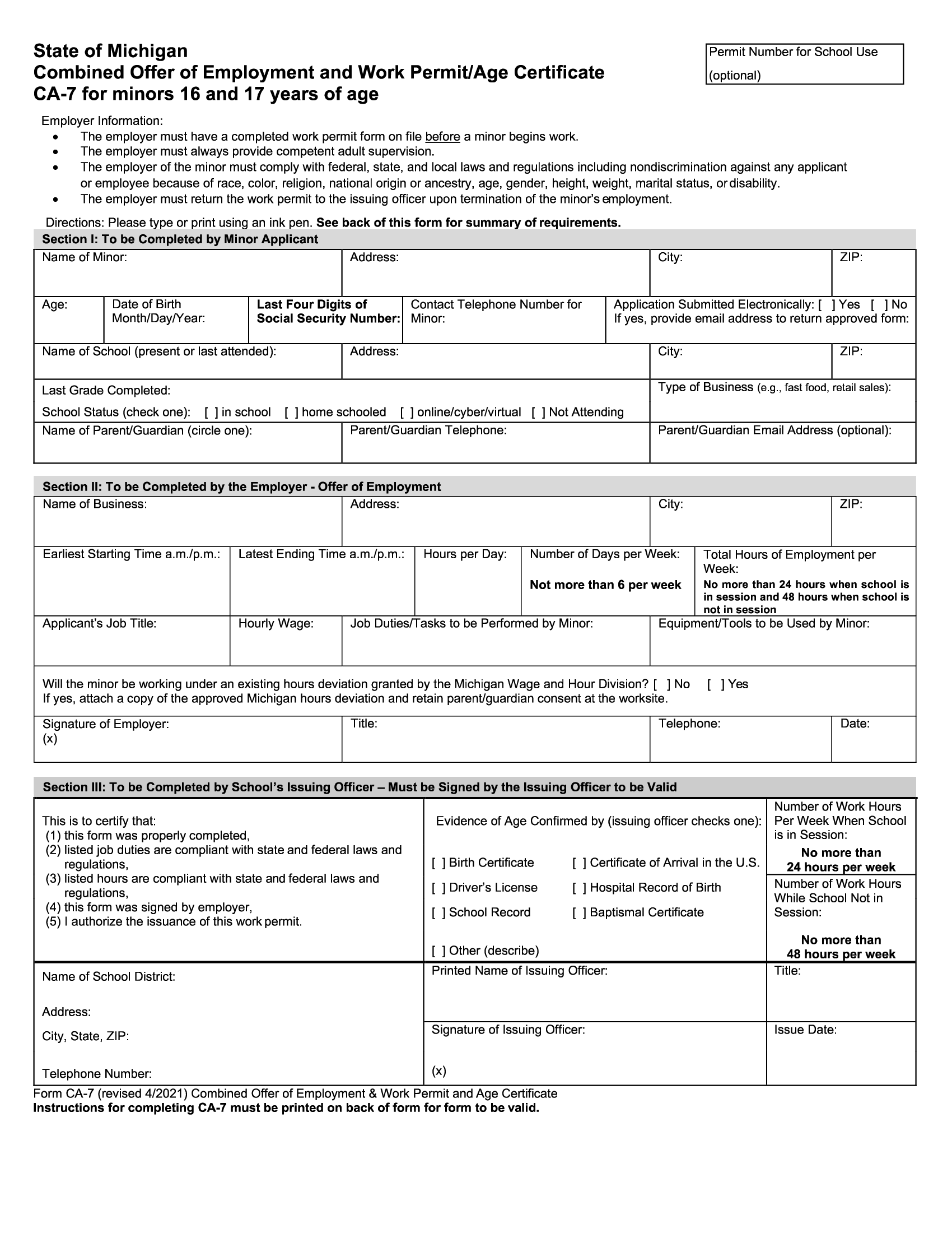 Form CA7 Michigan Combined Offer of Employment and Work Permit/Age