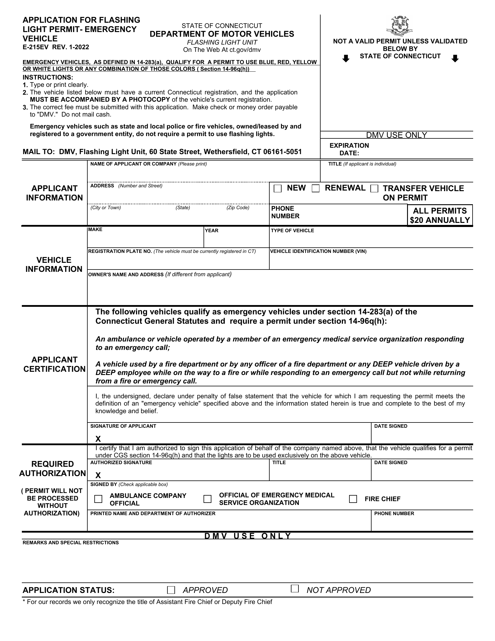 CT DMV Form E215EV. Application for flashing light permit emergency