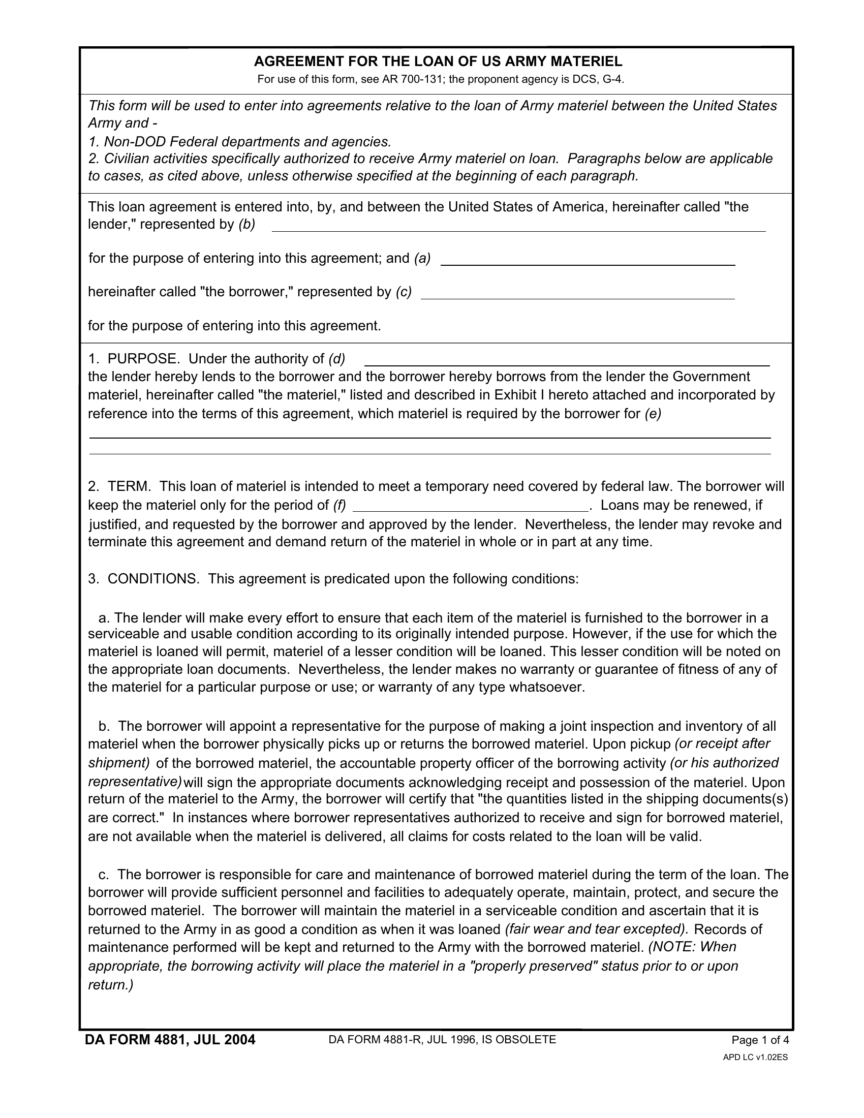 DA Form 4881. Agreement for the Loan of Us Army Materiel | Forms - Docs