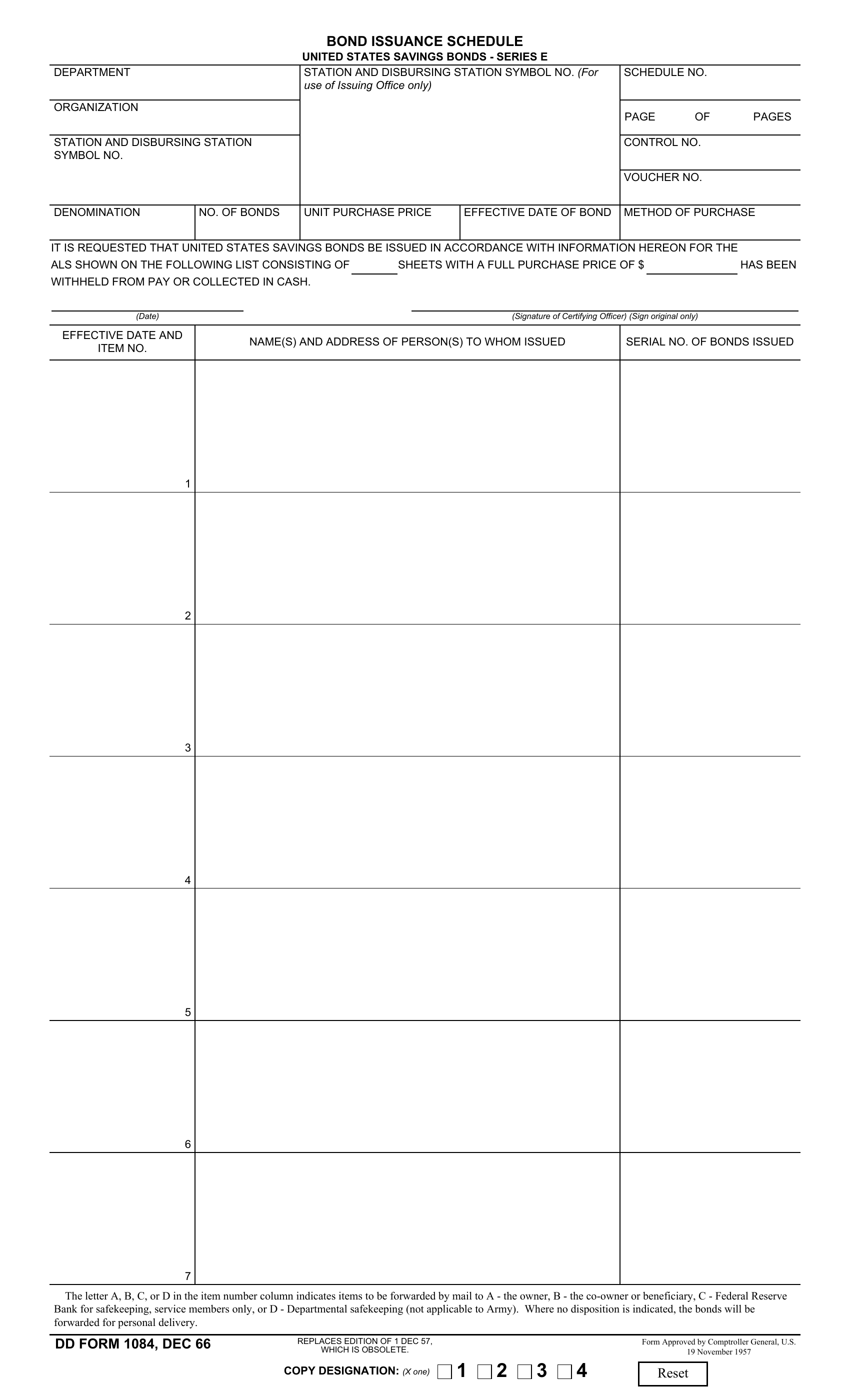 DD Form 1084. Bond Issuance Schedule, U.S. Savings Bonds Series E