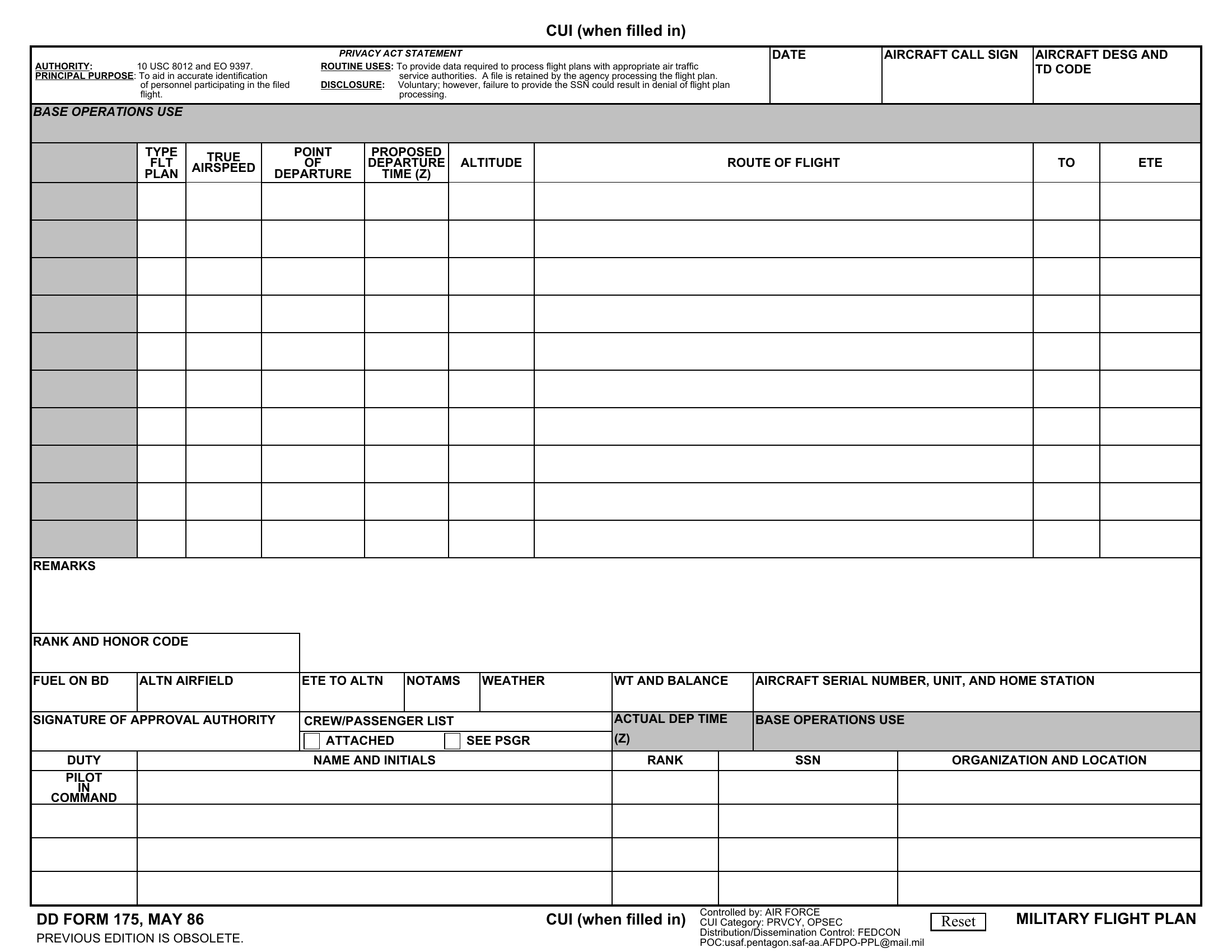 DD Form 175. Flight Plan, Military Forms Docs 2023