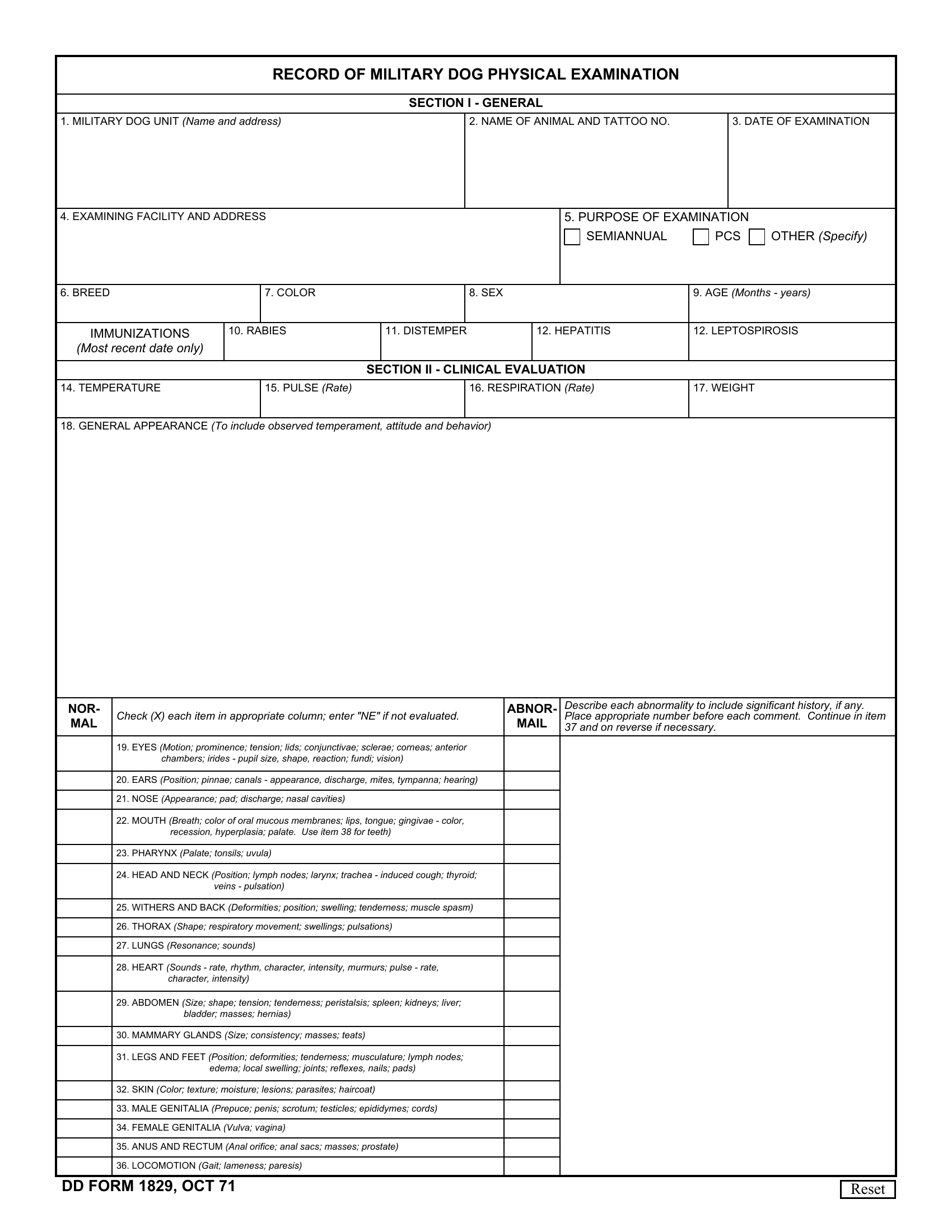 DD Form 1829. Record of Military Dog Physical Examination Forms